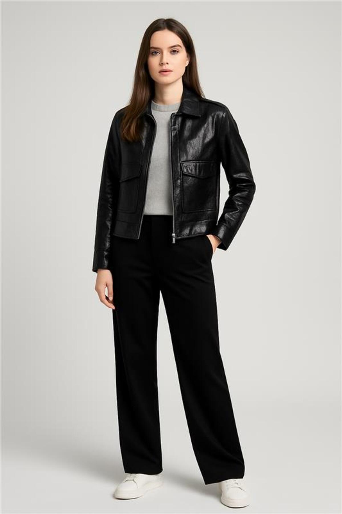 Chaqueta Mujer Efecto Cuero Bolsillo Negro