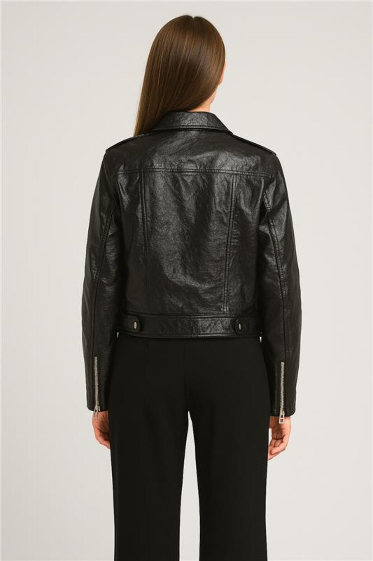 Chaqueta Mujer Efecto Cuero Bolsillo Negro