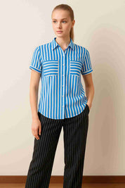 Blusa Mujer Rayada Abotonada Azul