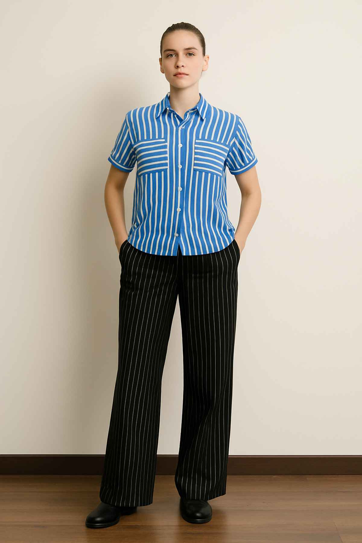 Blusa Mujer Rayada Abotonada Azul
