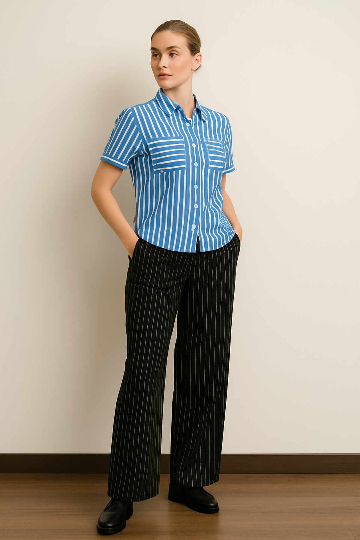 Blusa Mujer Rayada Abotonada Azul