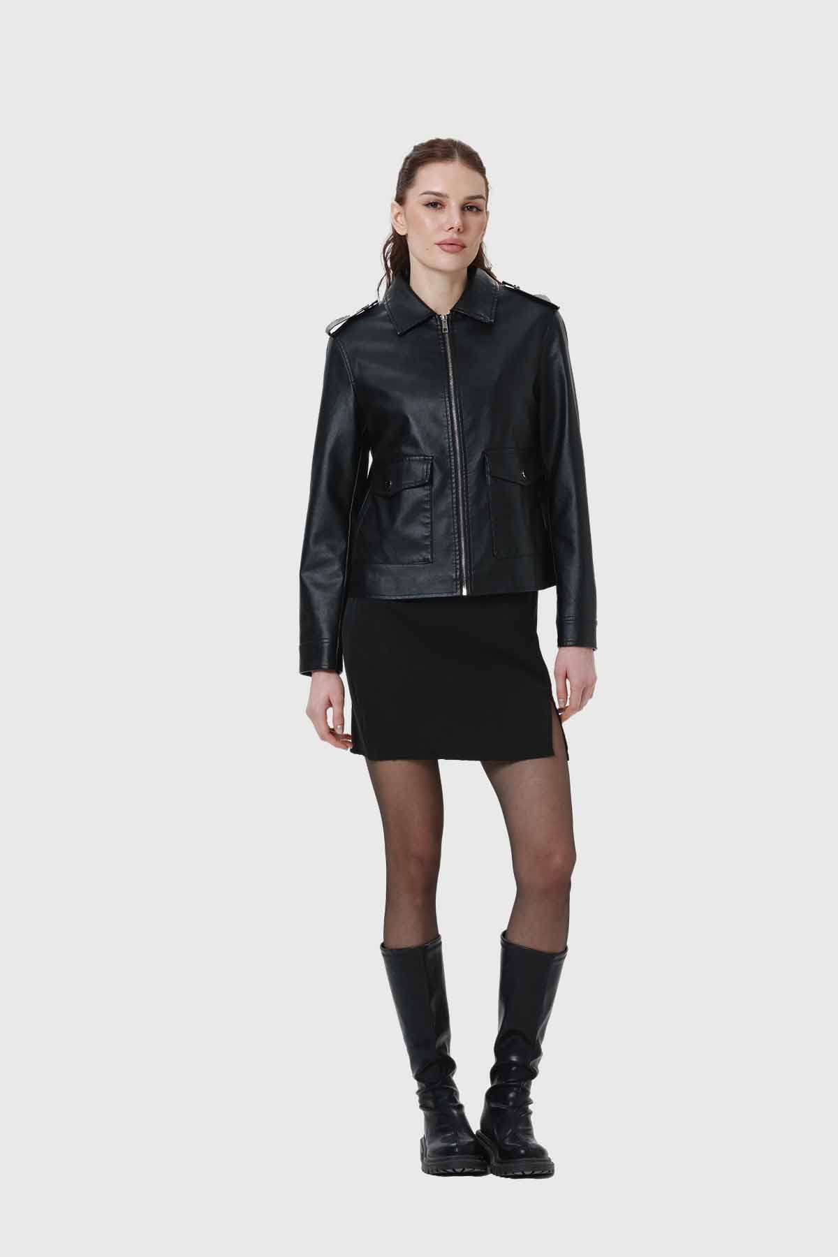 Chaqueta Mujer Efecto Cuero Negro