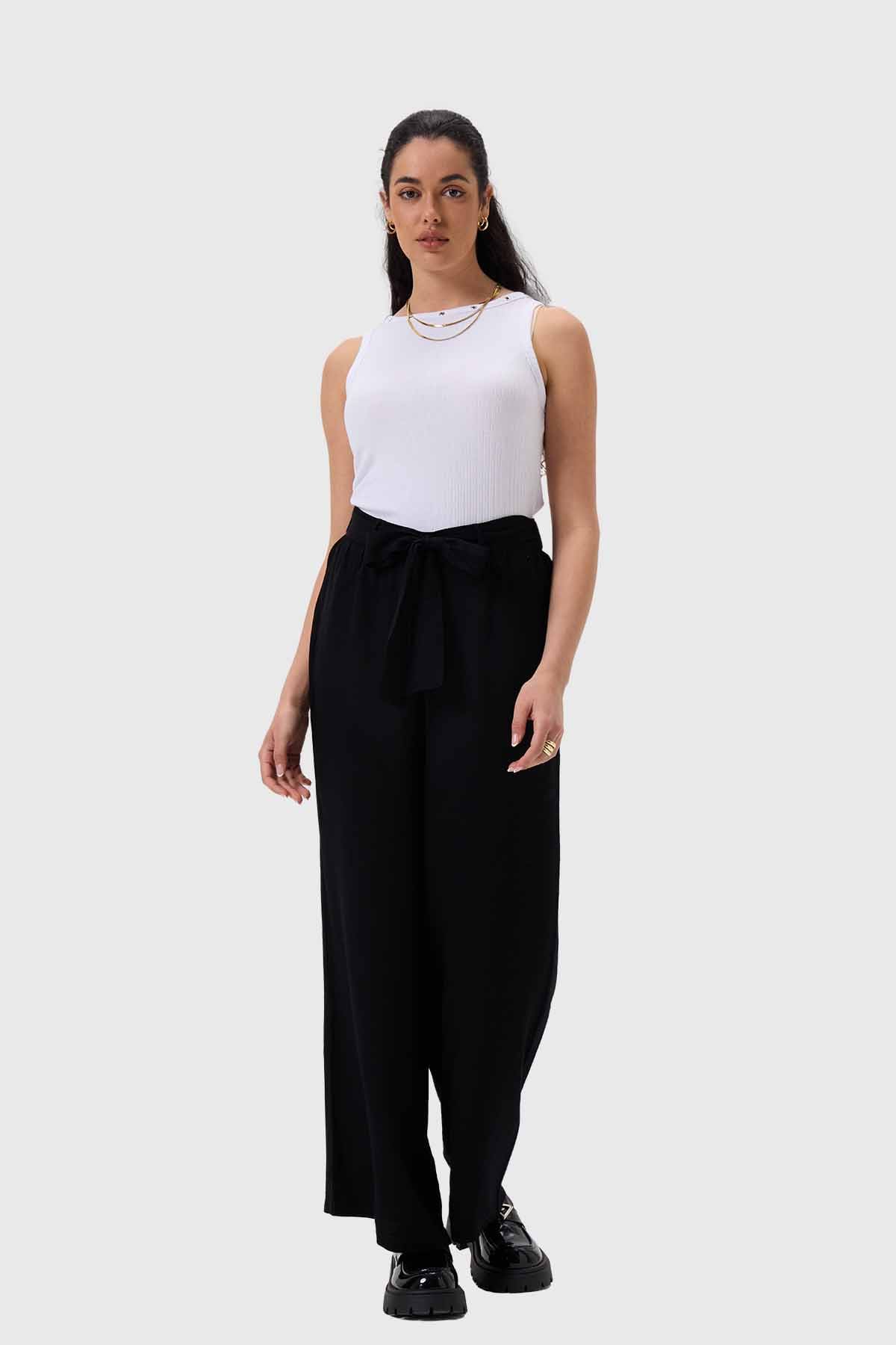 Pantalón Mujer Pallazzo Cortes Delanteros Negro Negro / XL