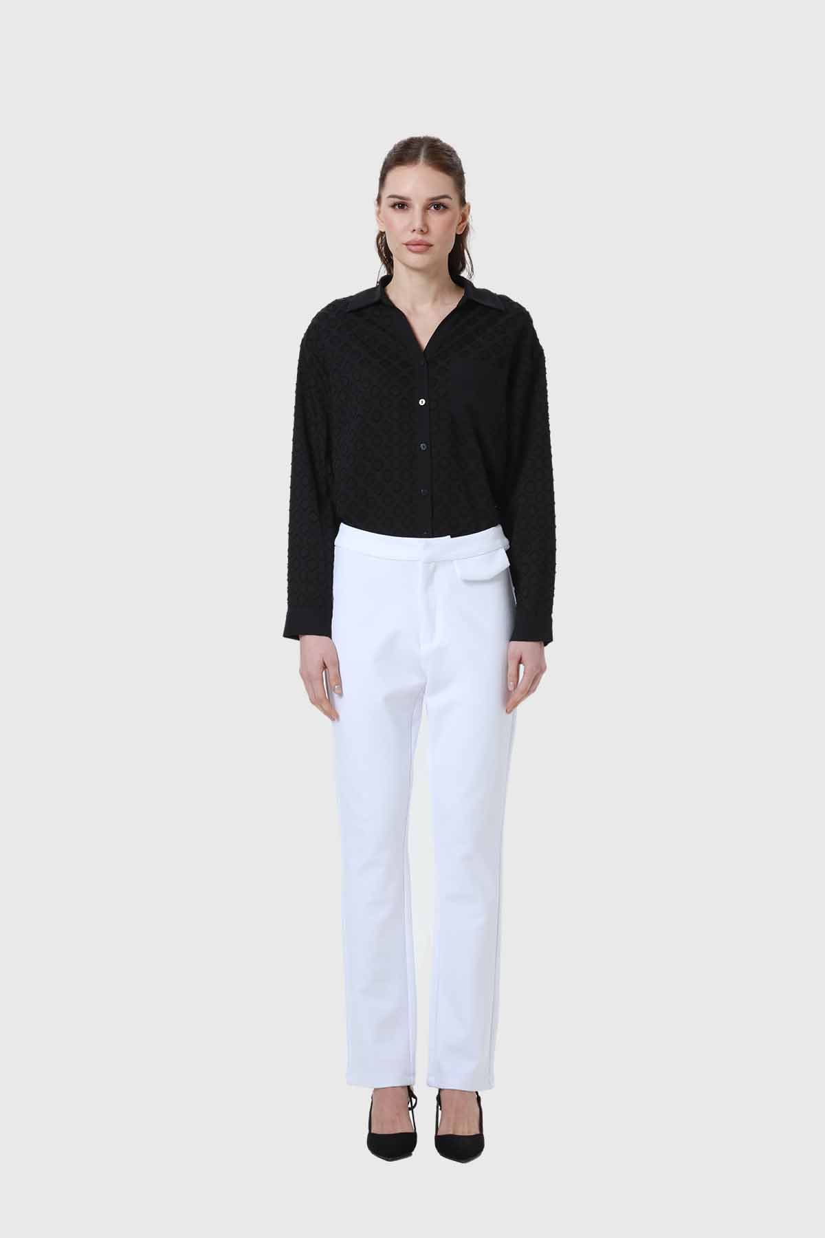 Pantalón Mujer Detalle Tapeta Parche Blanco