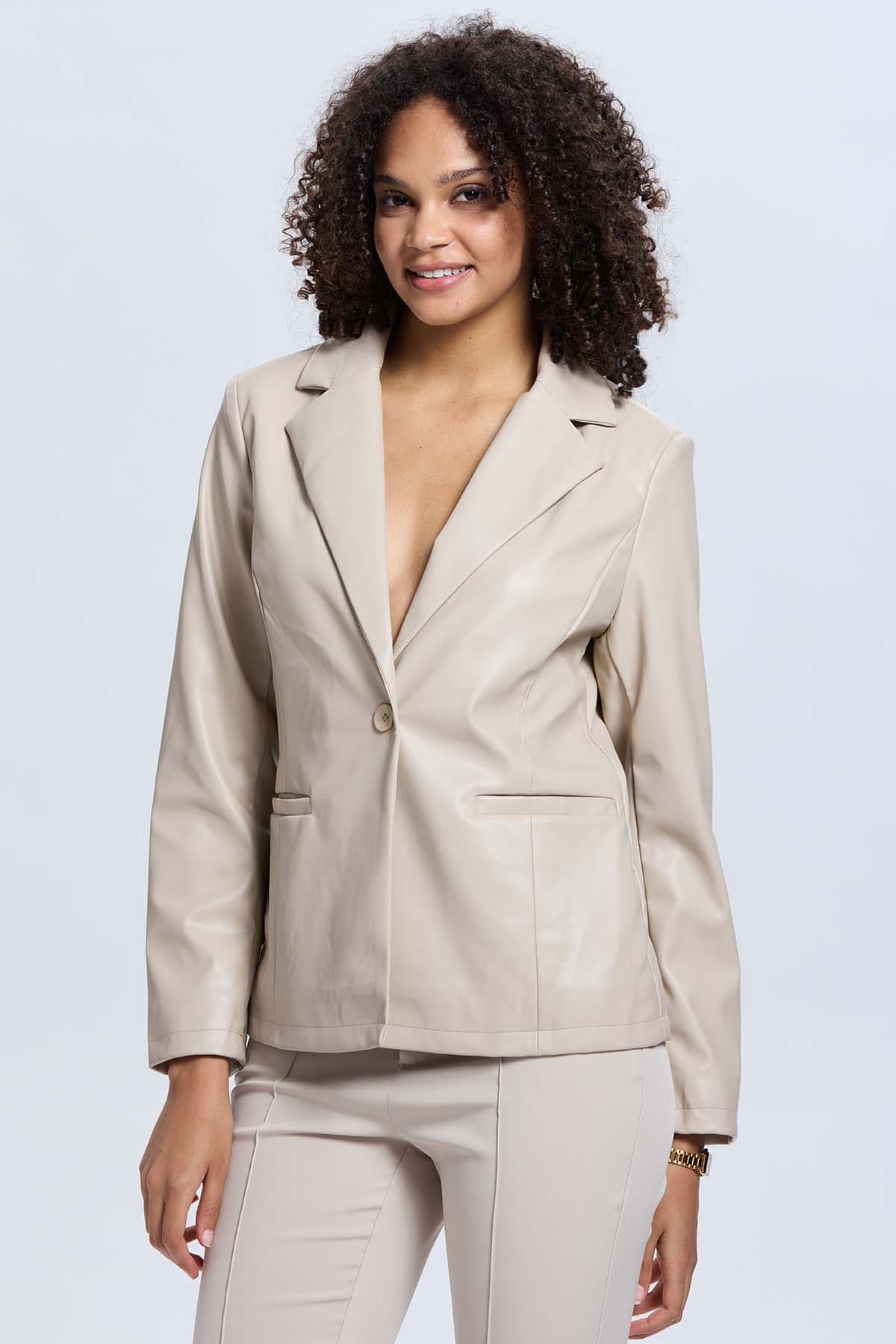 Chaqueta Mujer Efecto Cuero Beige