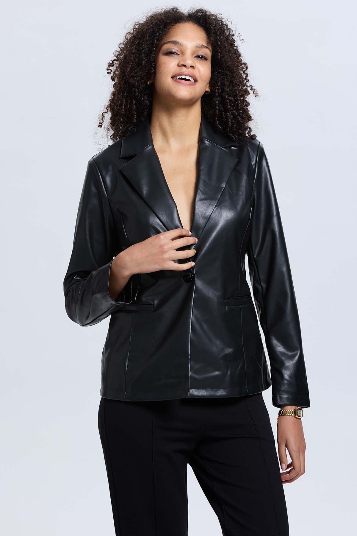 Chaqueta Mujer Efecto Cuero Negro
