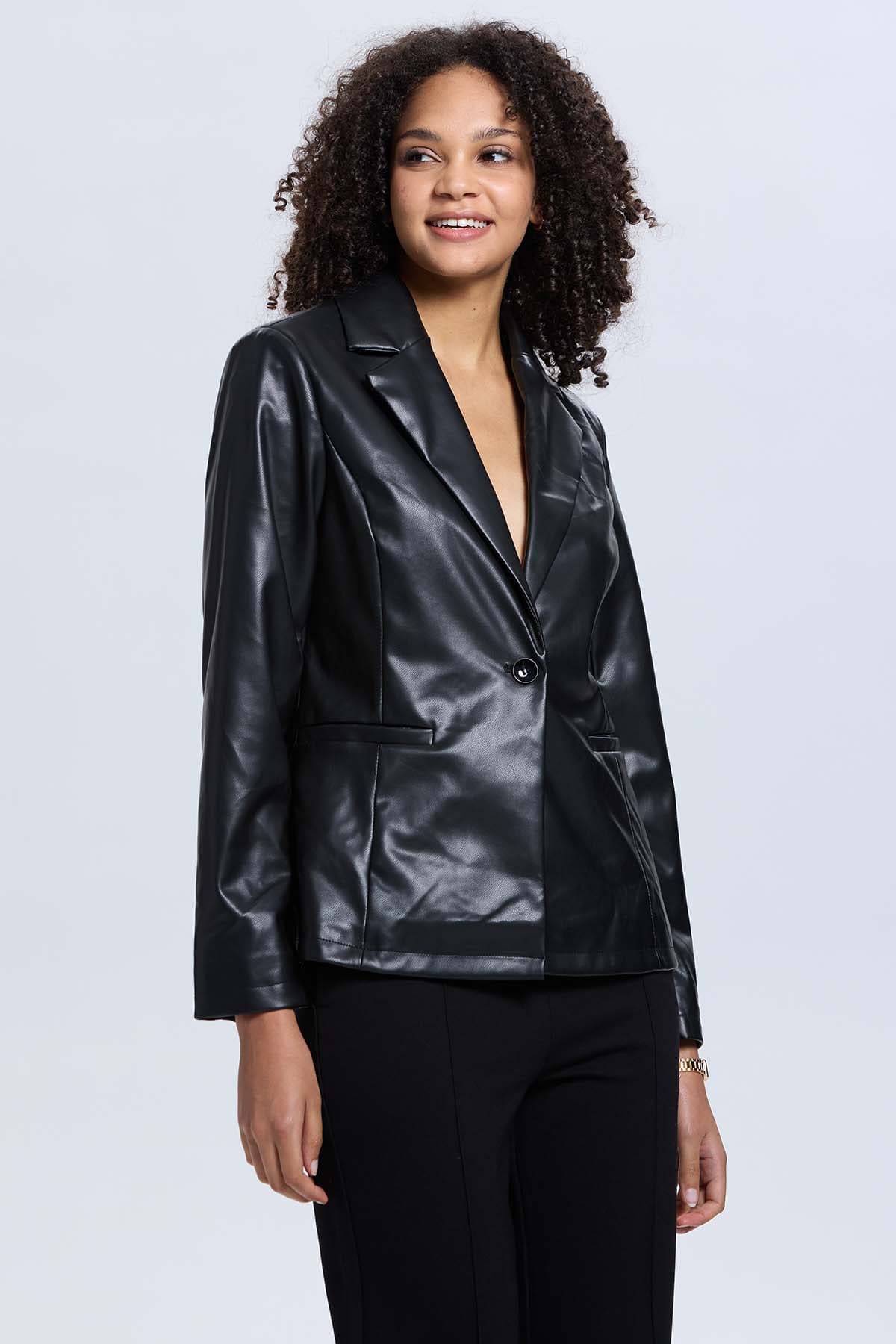 Chaqueta Mujer Efecto Cuero Negro