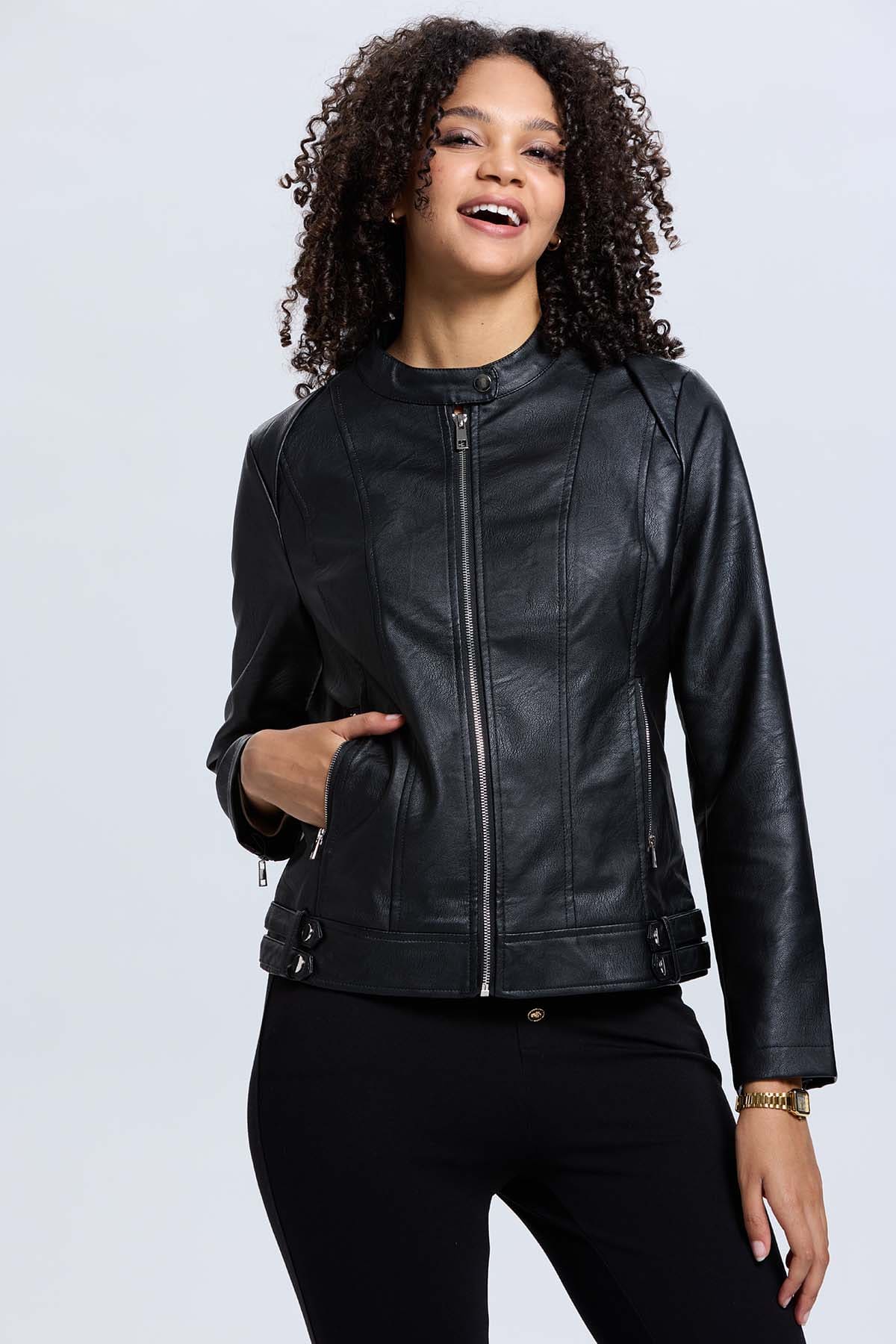Chaqueta Mujer Efecto Cuero Negro