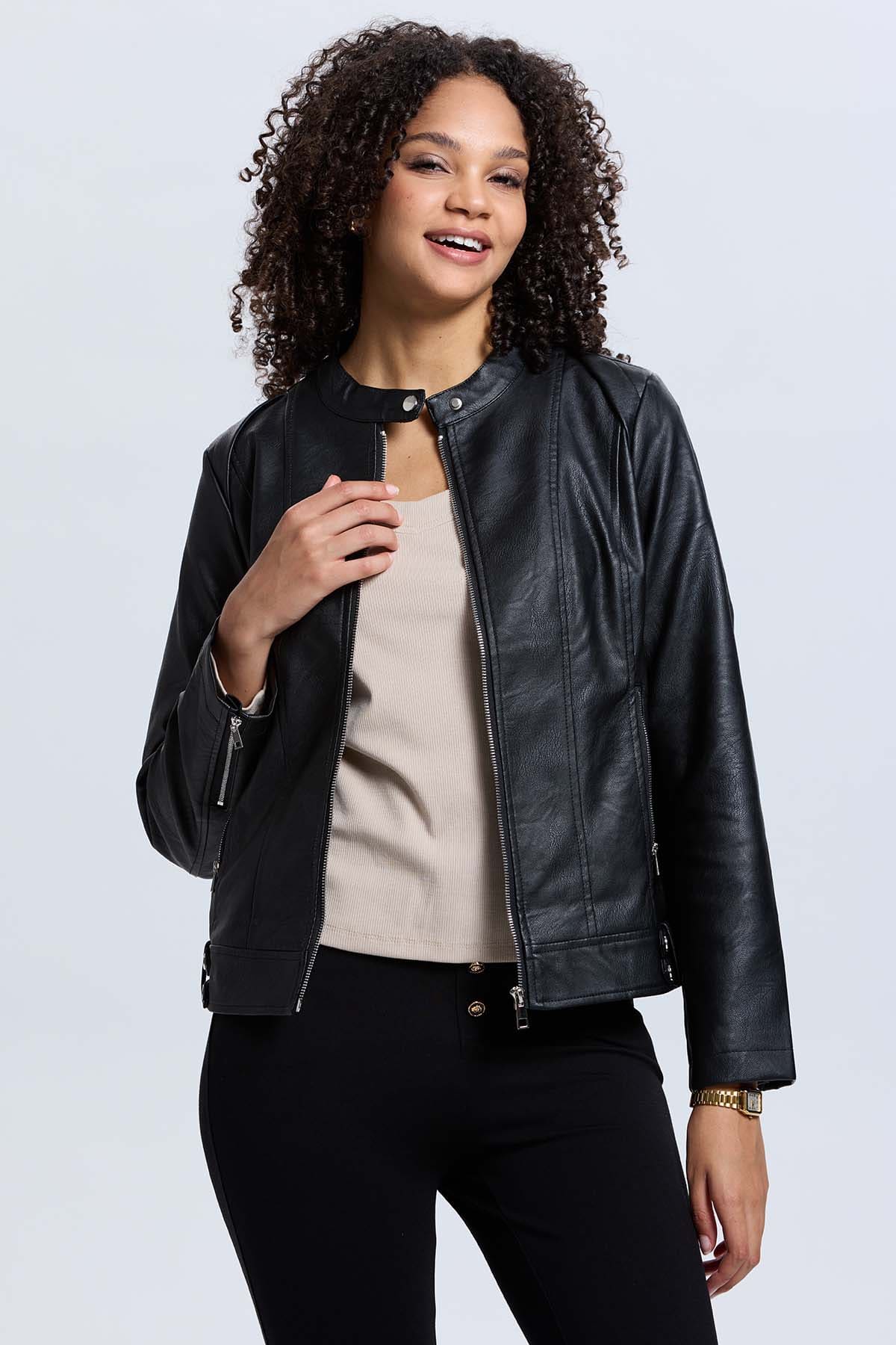 Chaqueta Mujer Efecto Cuero Negro