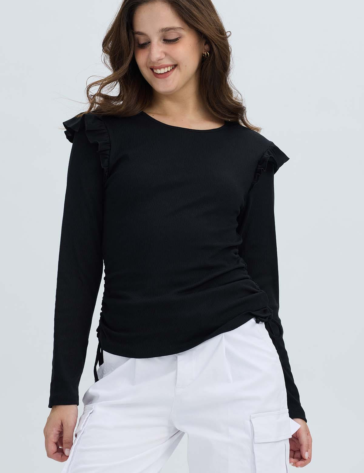 Polera Mujer Con Vuelo Rib Recogido Negro
