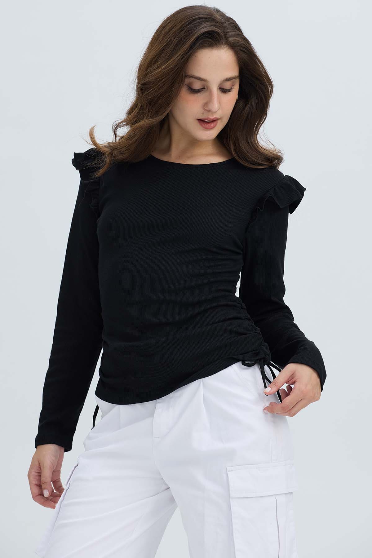 Polera Mujer Con Vuelo Rib Recogido Negro