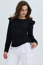 Polera Mujer Con Vuelo Rib Recogido Negro