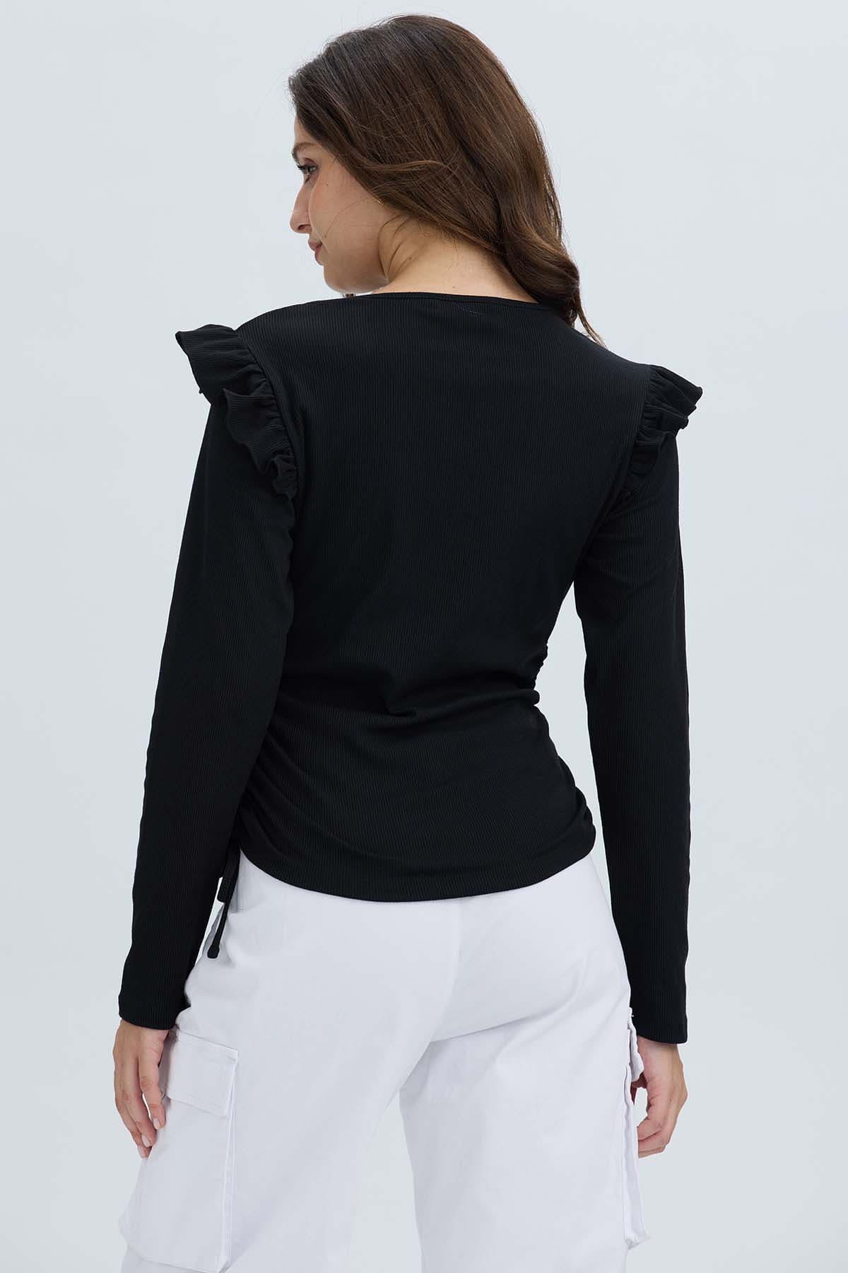 Polera Mujer Con Vuelo Rib Recogido Negro