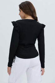Polera Mujer Con Vuelo Rib Recogido Negro