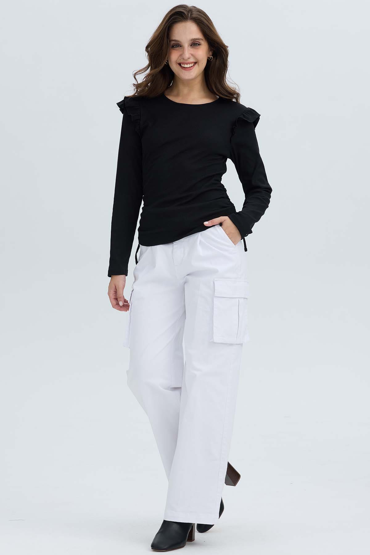 Polera Mujer Con Vuelo Rib Recogido Negro