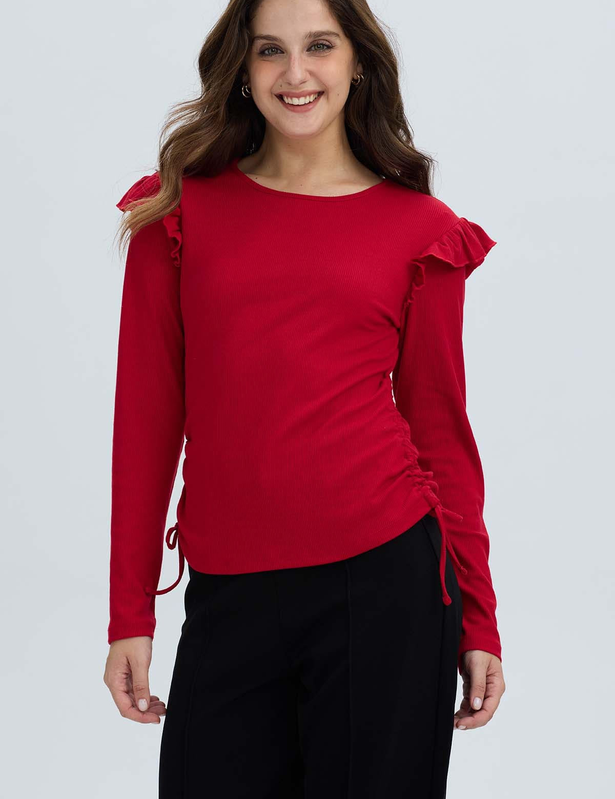 Polera Mujer Con Vuelo Rib Recogido Rojo Oscuro