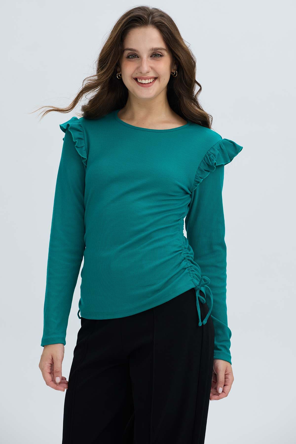 Polera Mujer Con Vuelo Rib Recogido Verde