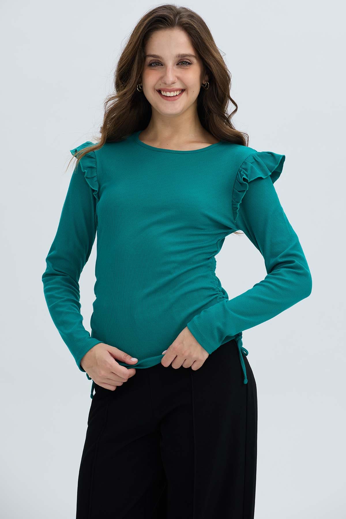 Polera Mujer Con Vuelo Rib Recogido Verde