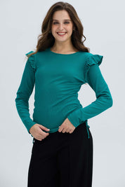 Polera Mujer Con Vuelo Rib Recogido Verde