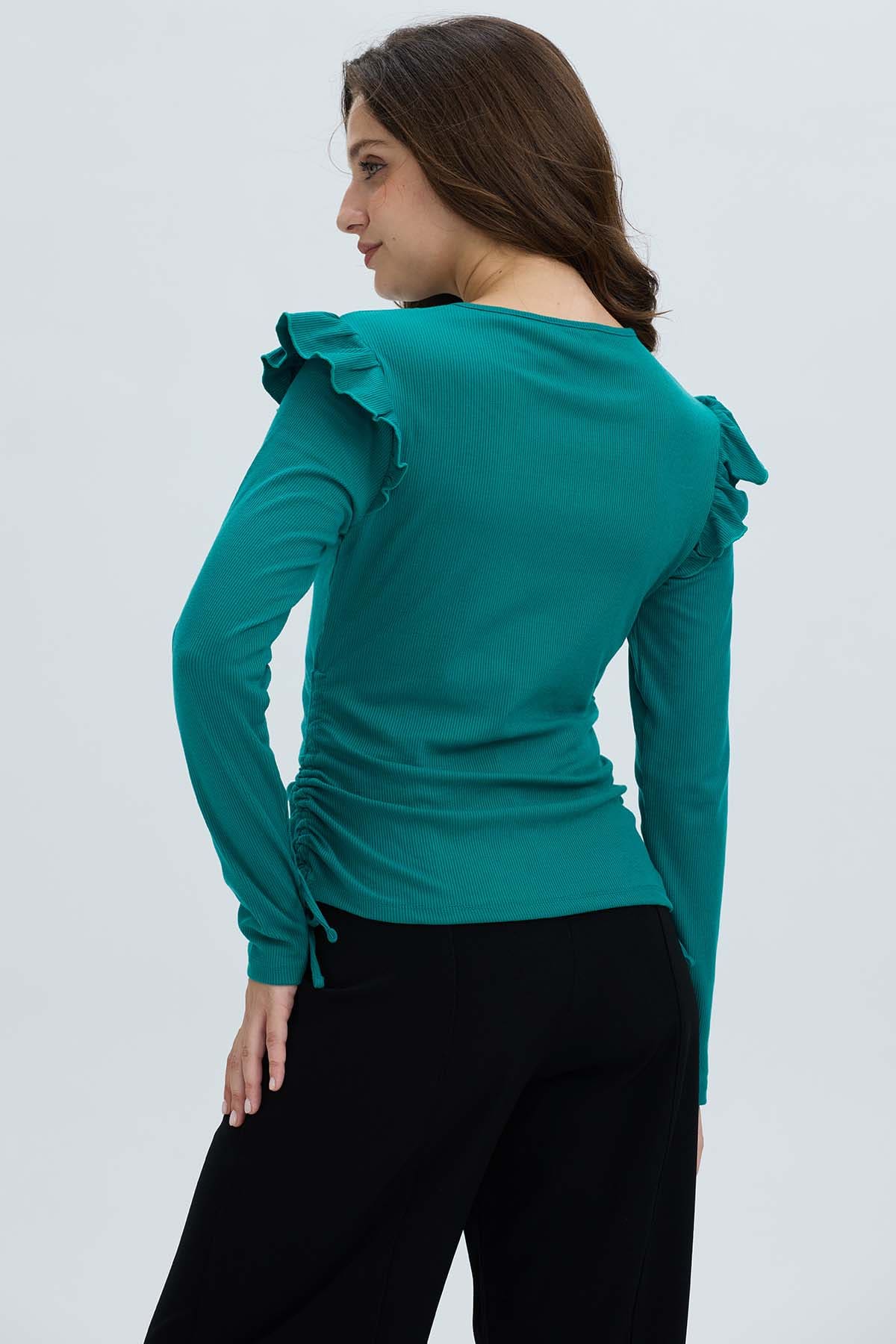 Polera Mujer Con Vuelo Rib Recogido Verde