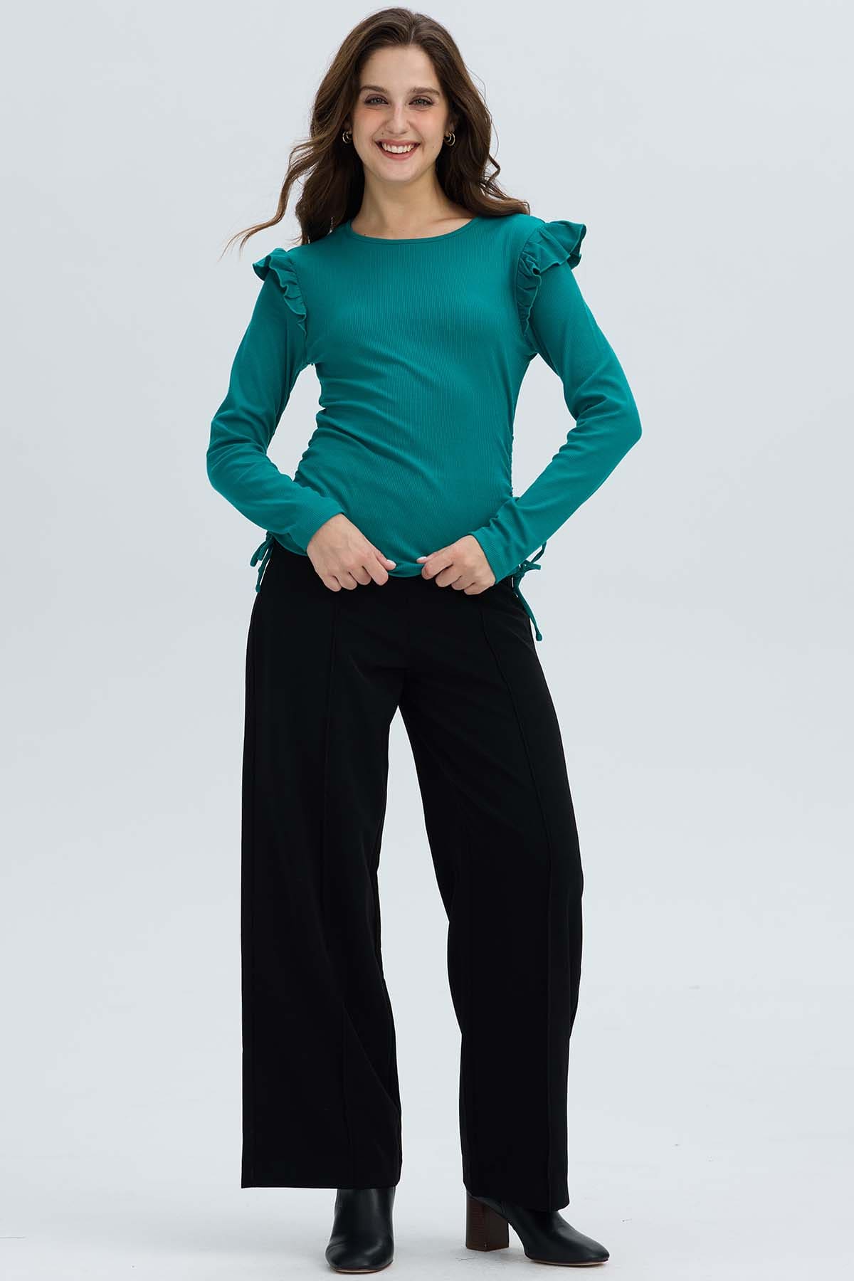 Polera Mujer Con Vuelo Rib Recogido Verde