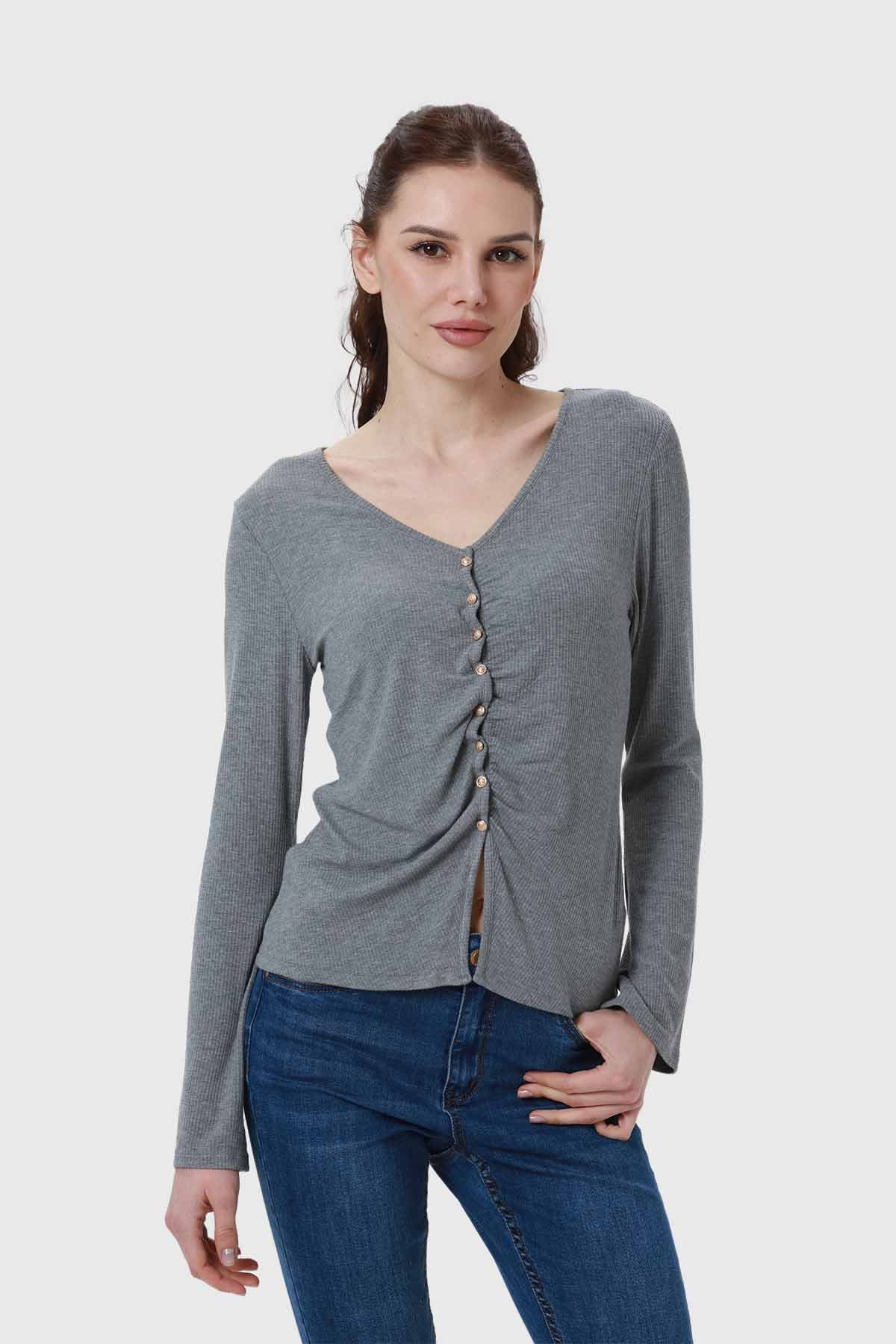 Polera Mujer Recogido Con Botones Gris