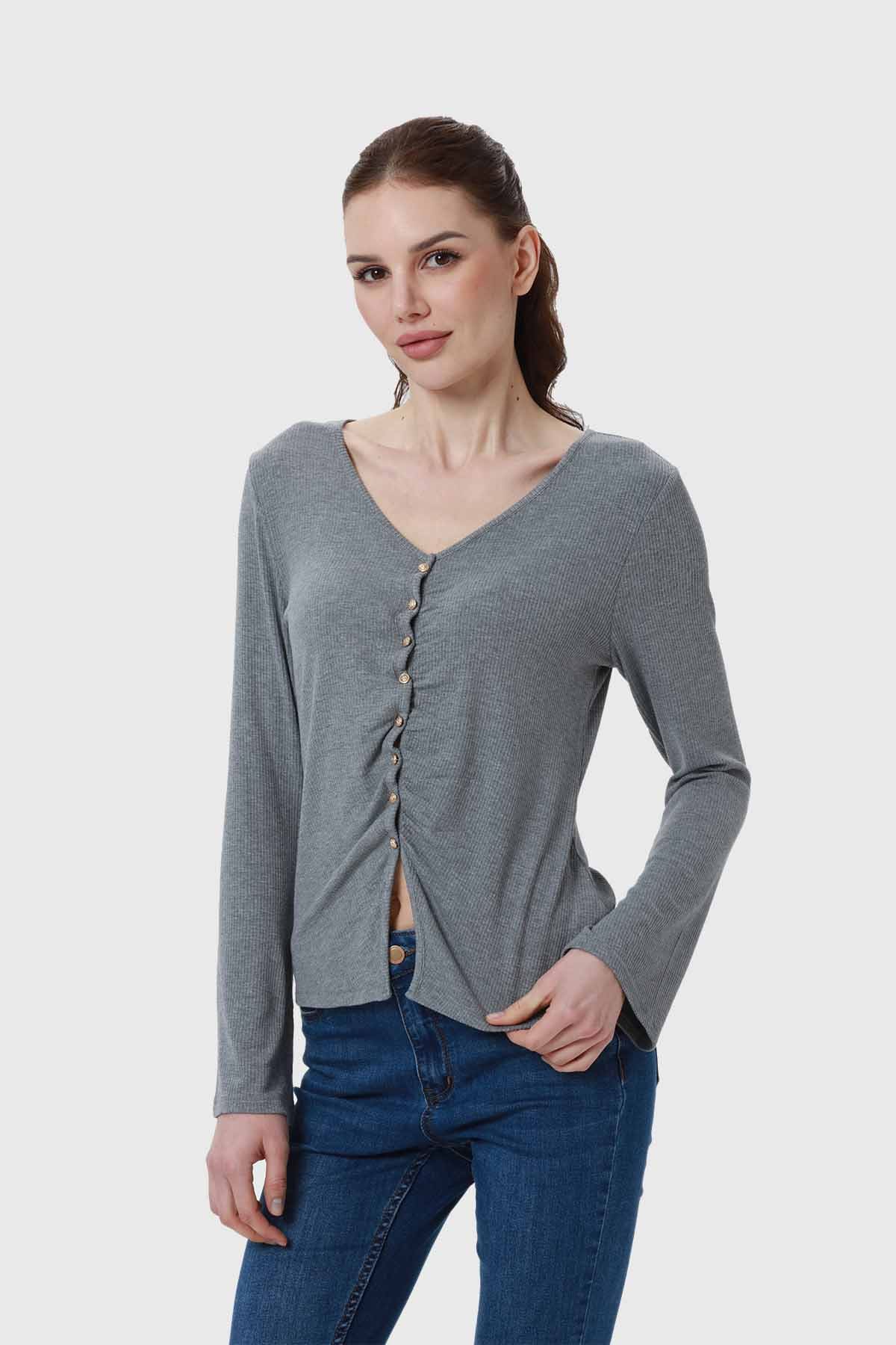 Polera Mujer Recogido Con Botones Gris