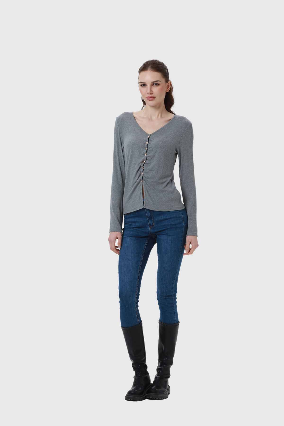 Polera Mujer Recogido Con Botones Gris
