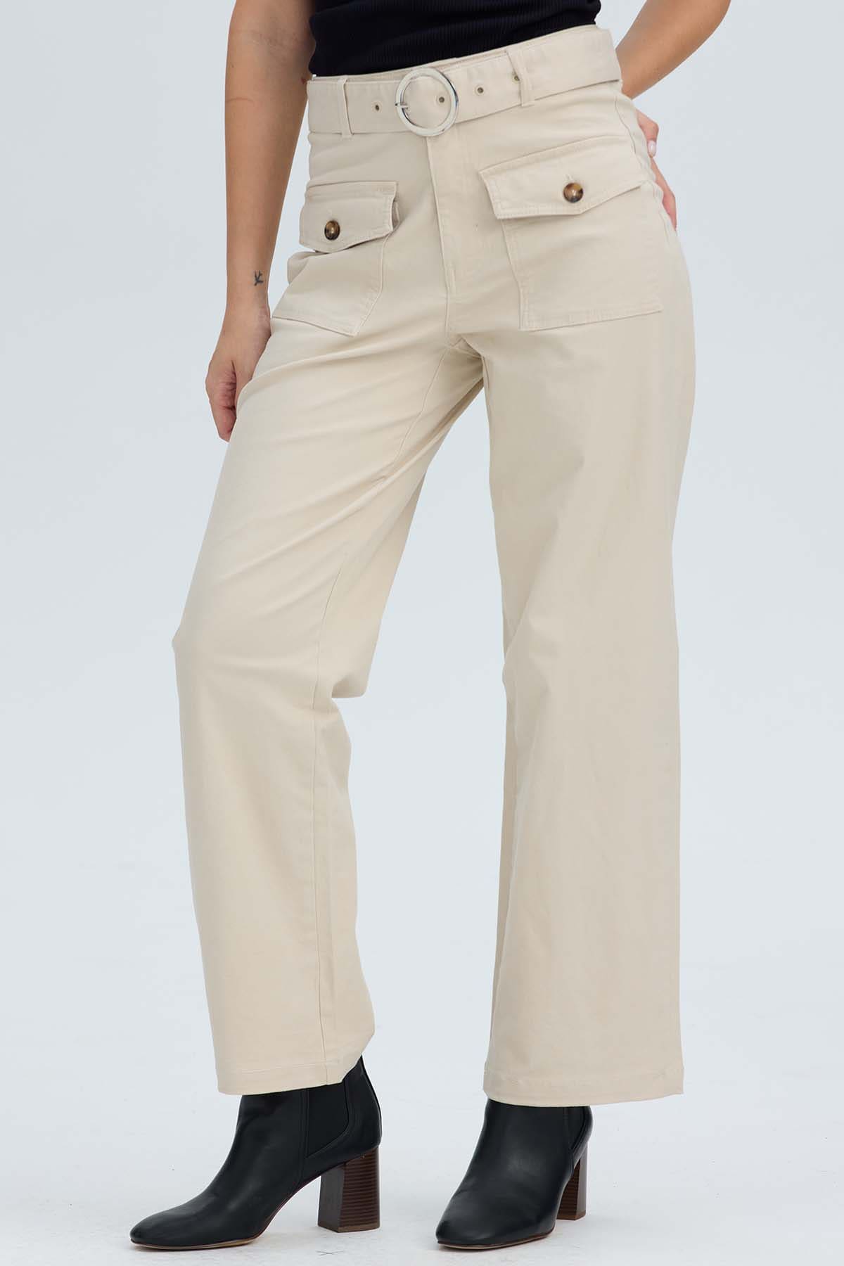 Pantalón Mujer Con Cinturón Y Bolsillos Arena Beige / 48