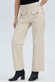 Pantalón Mujer Con Cinturón Y Bolsillos Arena Beige / 48