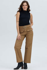 Pantalón Mujer Con Cinturón Y Bolsillos Café Claro