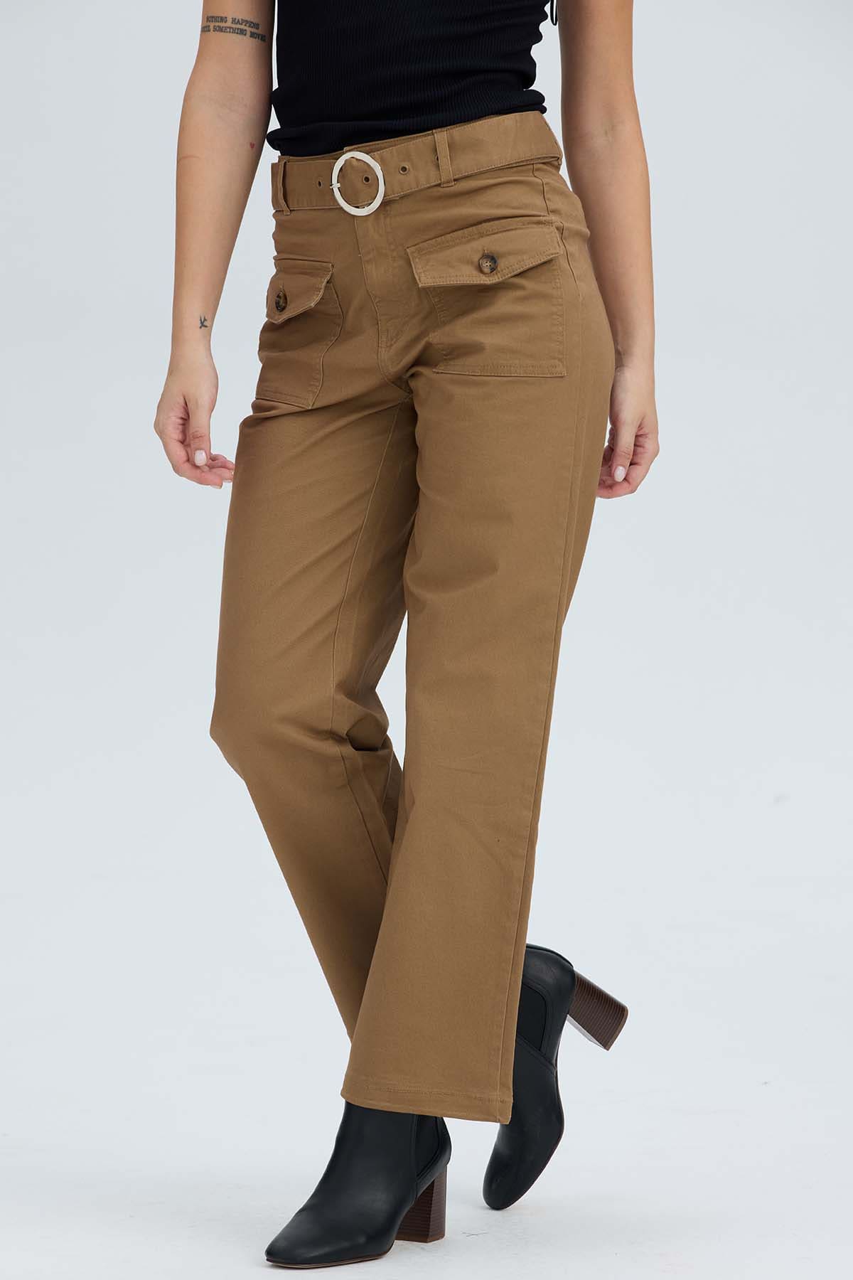 Pantalón Mujer Con Cinturón Y Bolsillos Café Claro Café / 48