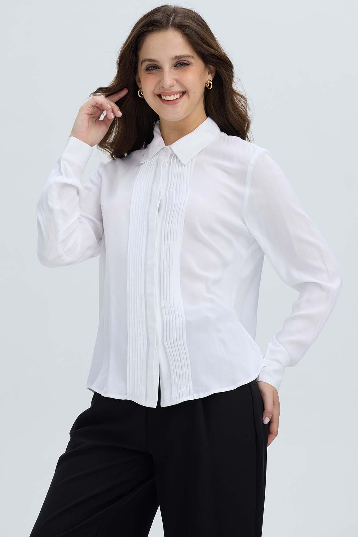 Blusa Mujer Abotonada Pliegues Crudo