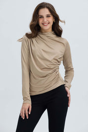 Polera Mujer Aplicación Arrugado Beige Oscuro