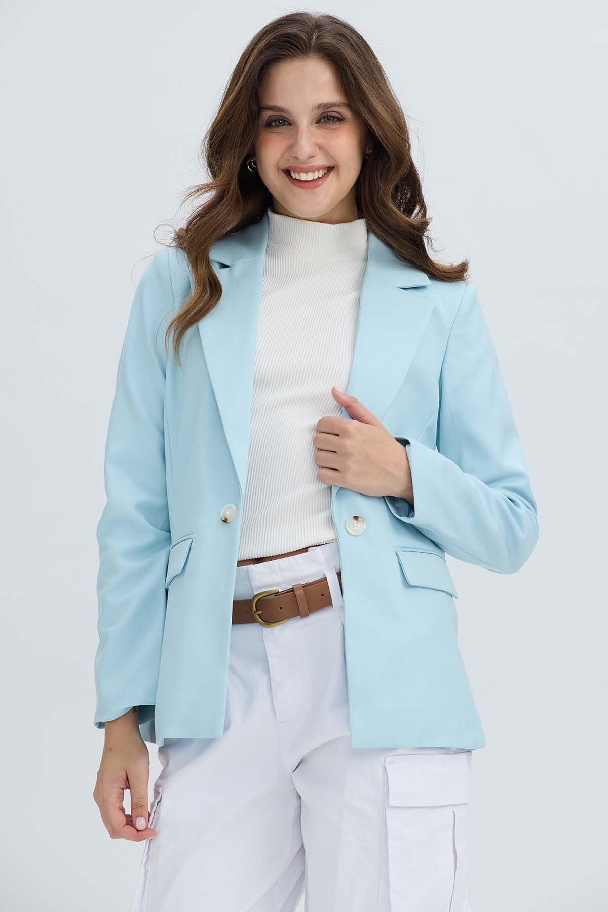 Blazer Mujer Largo 1 Botón Celeste Claro Azul / 48
