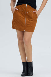 Falda Mujer Cotelé Cierre Delantero Camel Oscuro