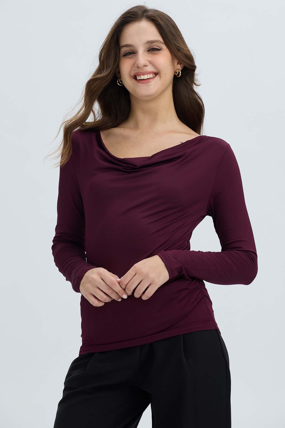 Polera Mujer Drapeado Delantero Vino
