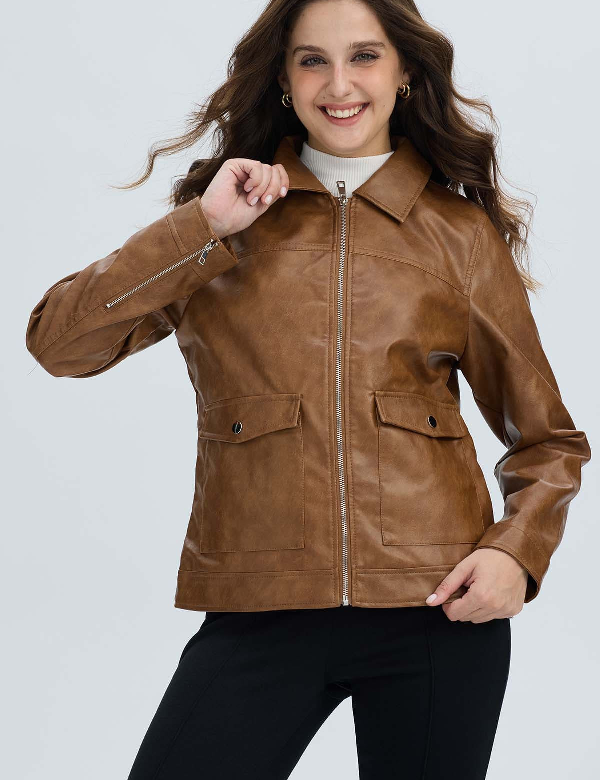 Chaqueta Mujer Efecto Cuero Camel Oscuro