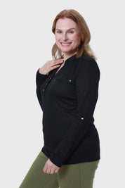 Polera Mujer Cuello Abotonado Negro