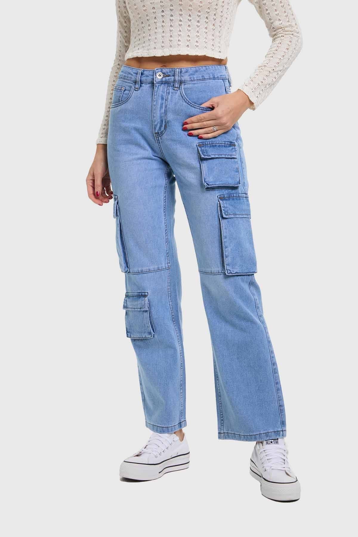 Jeans Mujer Calce Recto Cargo Azul