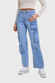 Jeans Mujer Calce Recto Cargo Azul