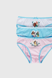 Calzon niña tripack celeste con estampados de princesas en tres colores.