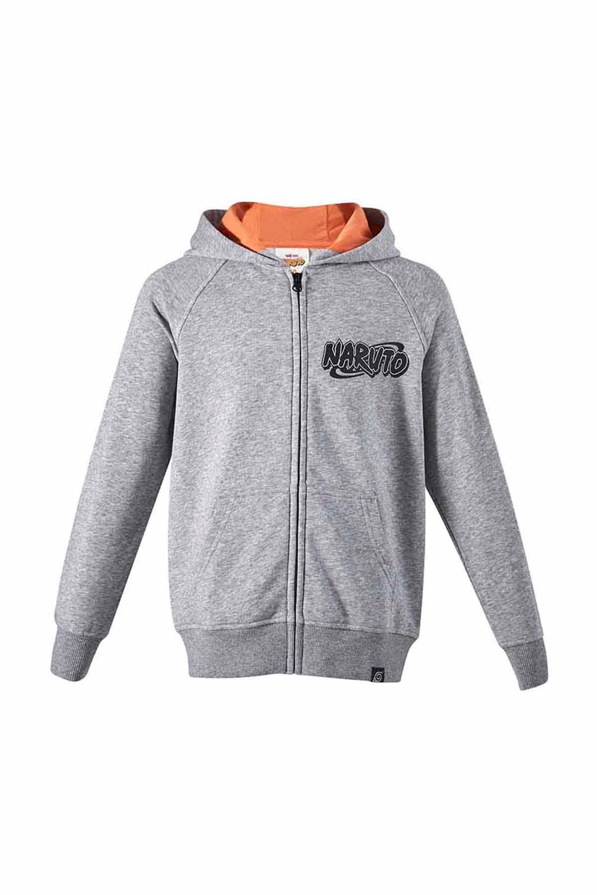 Poleron gris melange con capucha y diseño de Naruto para niño.