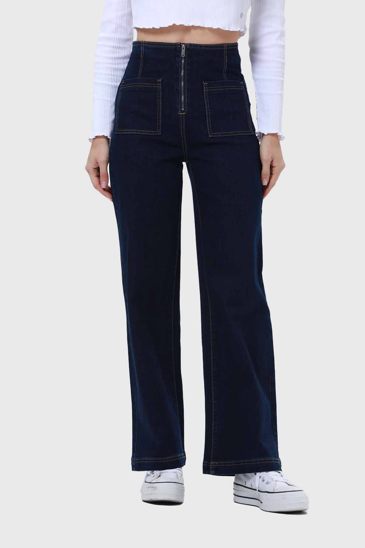Jeans Mujer Bolsillo D Calce Recto Azul