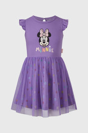 Vestido lila para niña con estampado de Minnie y tul en la falda.