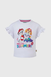 Polera blanca para niña con diseño de Paw Patrol y volantes en las mangas.