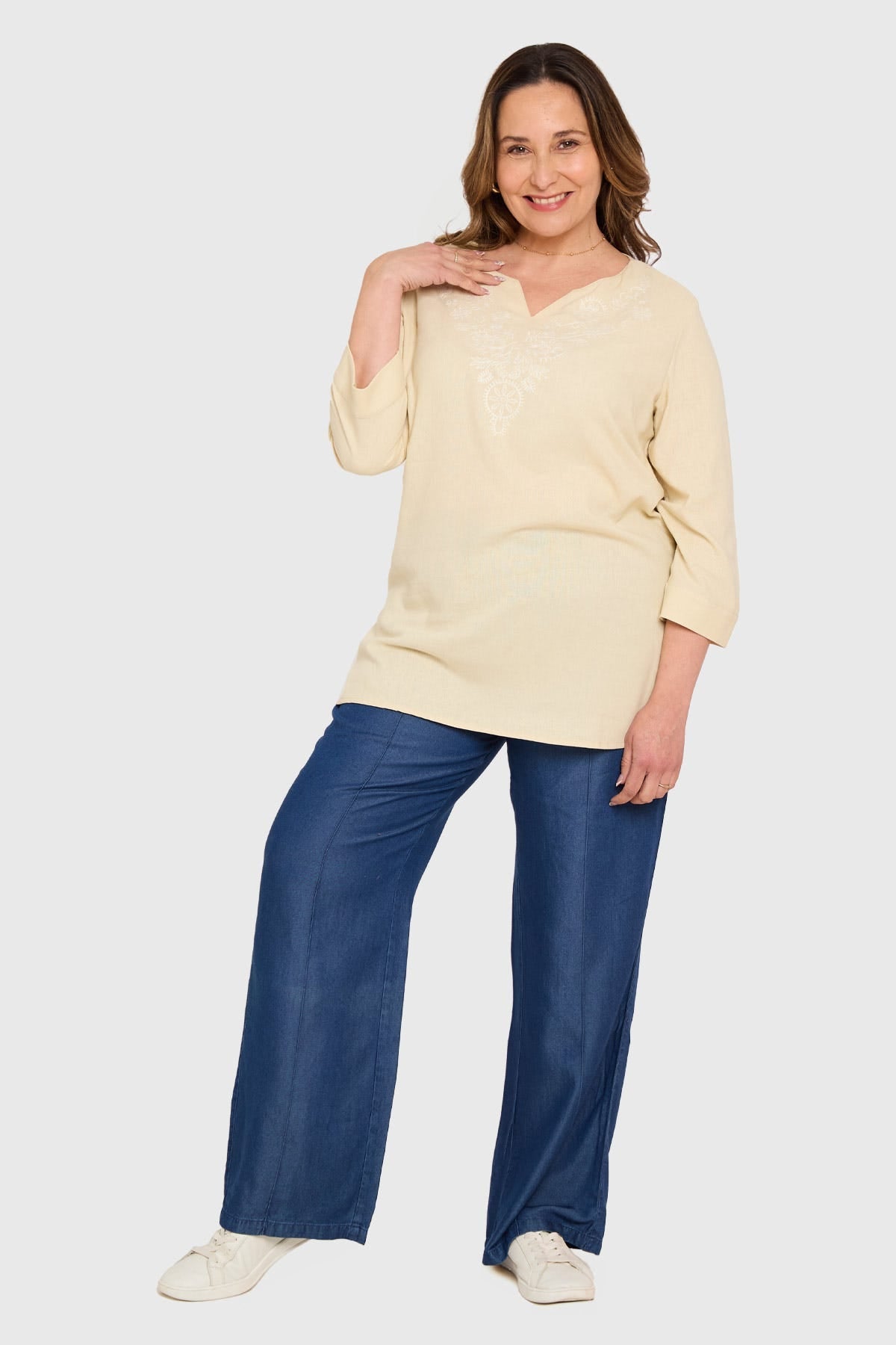 BLUSA MUJER LINO ROLL UP BEIGE CLARO