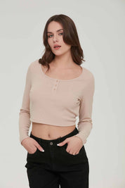 Polera Mujer Top Botones Beige