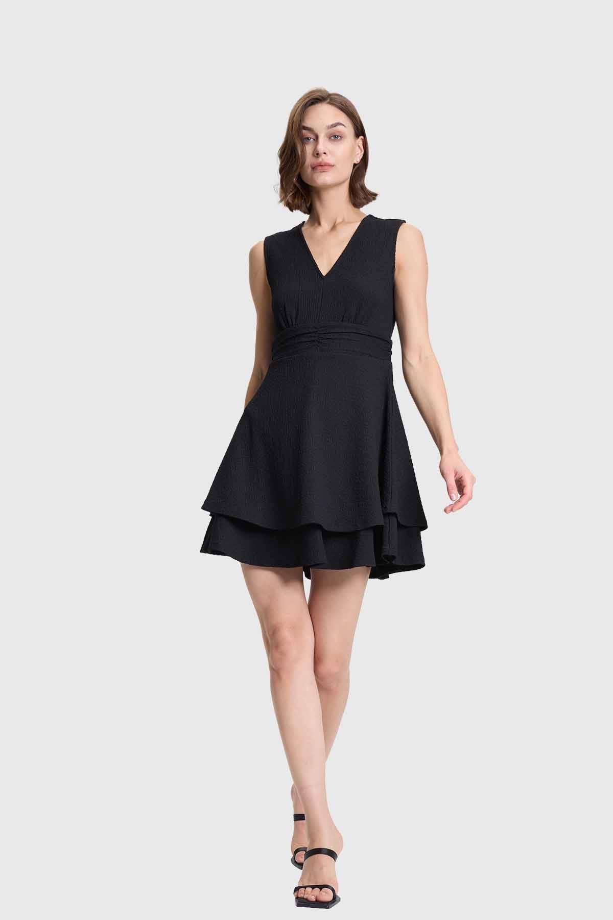 Vestido Mujer Corto Doble Capa Espalda Negro