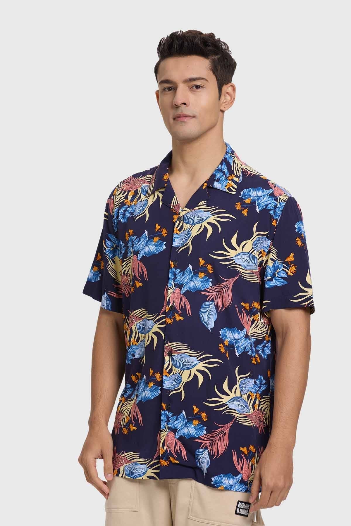 Camisa Hombre Print Tropical Azul